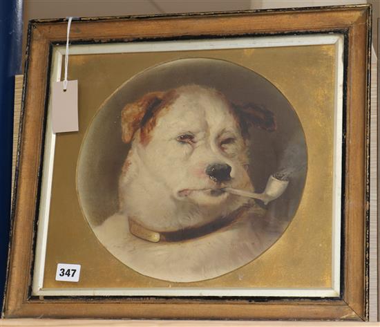 A Pears print of a pipe smoking dog, circular, 30cm